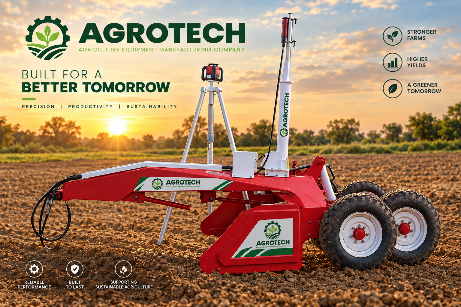 Agrotech laser land leveler with laser transmitter in a prepared field